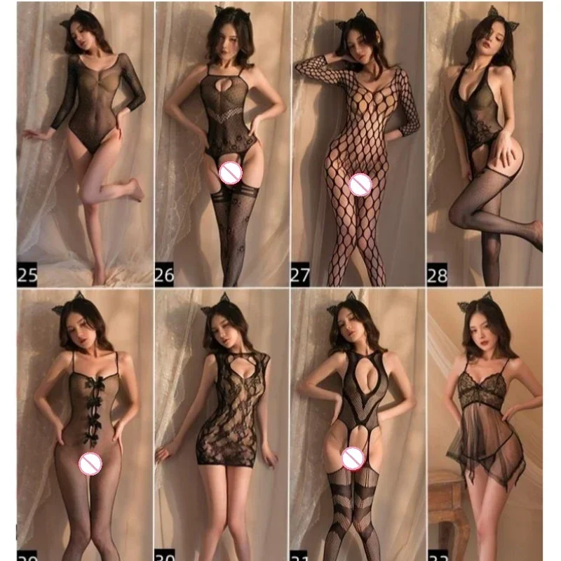 2024 Sexy Costumes Lingerie Sheer Babydoll Underwear Chemises Body Stocking Catsuit Erotic Set Nightgown Garters Porn Dress Sex