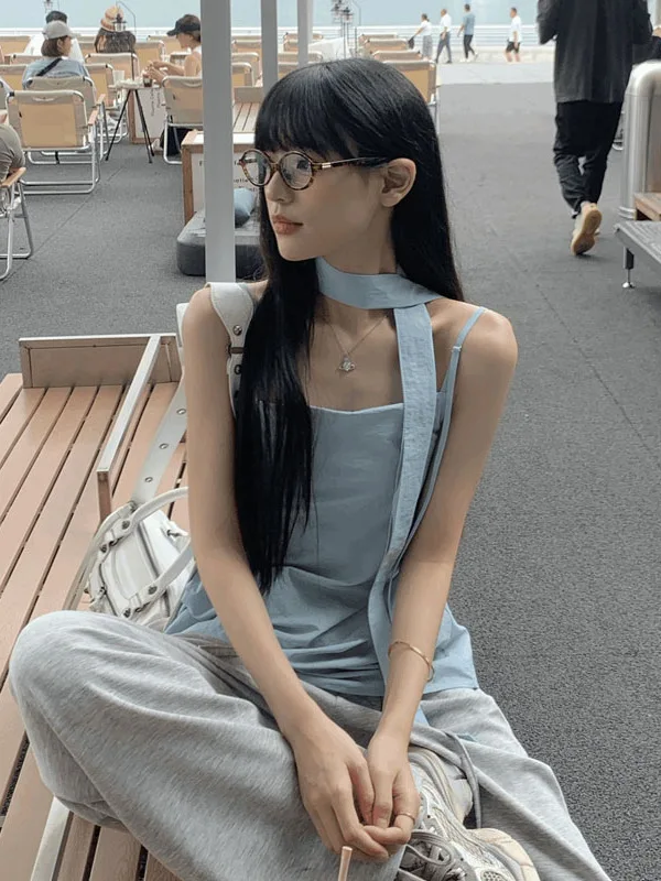 

Fashionable Color Strapless Vest And High Waist Wide Leg Pants Two Piece Set for Women Summer Casual Outfit