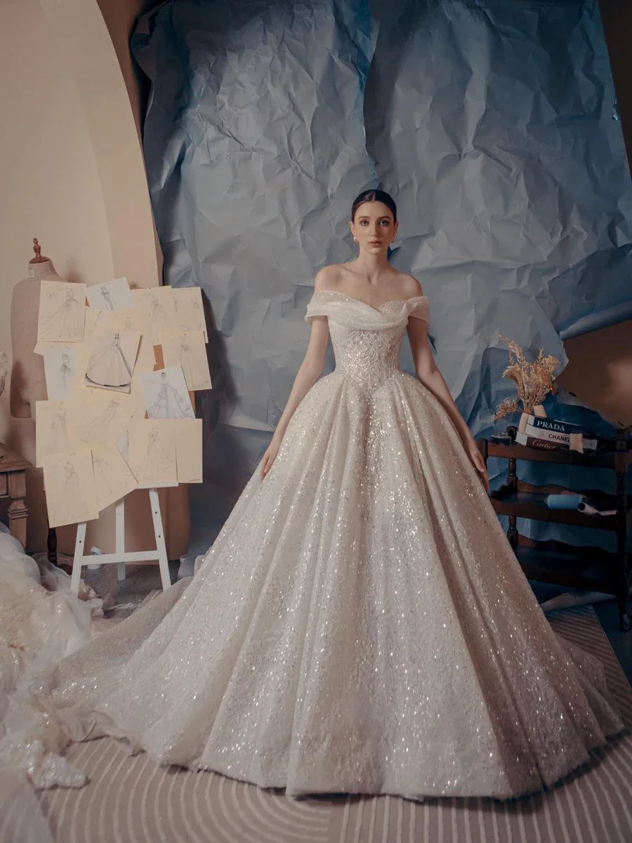 

Flavinke Customized Elegant A-Line Wedding Dresses 2025 Women Sleeveless Off-Shoulder Bridal Gown Sequins Sweep Train Dresses