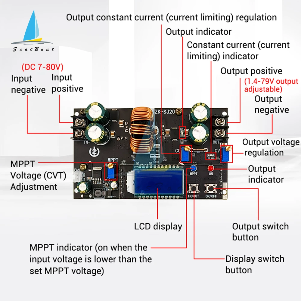 DC7-80V to 1.4-79V 20A 300W High Power DC DC Boost Buck Converter CC CV Power Supply Module MPPT Adjustable Voltage Regulator