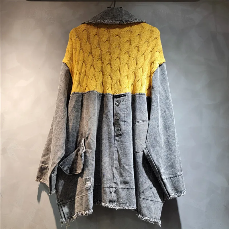 GetSpring Women Denim Jacket 2024 Autumn Fashion Irregular Female Knitted Stitched Color Matching Loose Casual Long Jean Coat