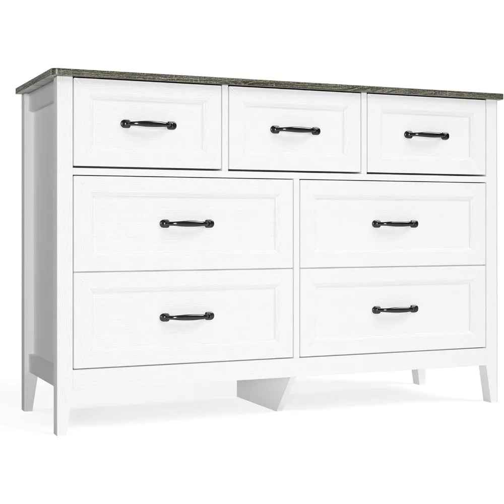 Commode blanche pour chambre à coucher avec 7 tiroirs, commodes de 47 po de largeur avec poignées en métal, meuble TV en bois pour couloir, entrée, table