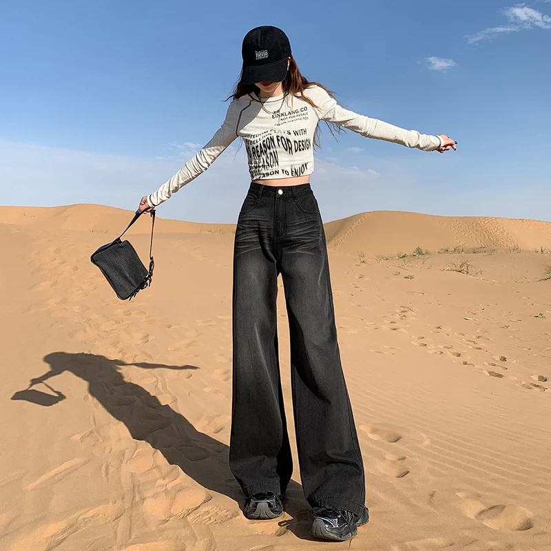 Fashionable High-Waisted Wide Leg Jeans in Black and Grey with Sophisticated Wash and Soft Dual-Core Spandex Material for Women