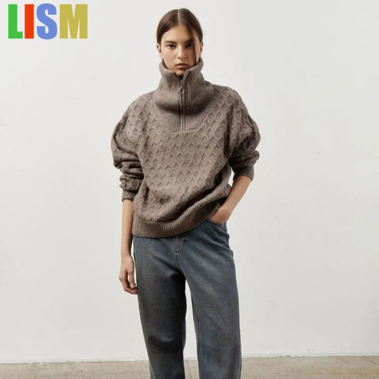 

LISM Winter Long Sleeved Turtleneck Loose Half Zip Knitted Women's Sweater Vintage Tops y2k hoodies sweatshirt 2025 clothes