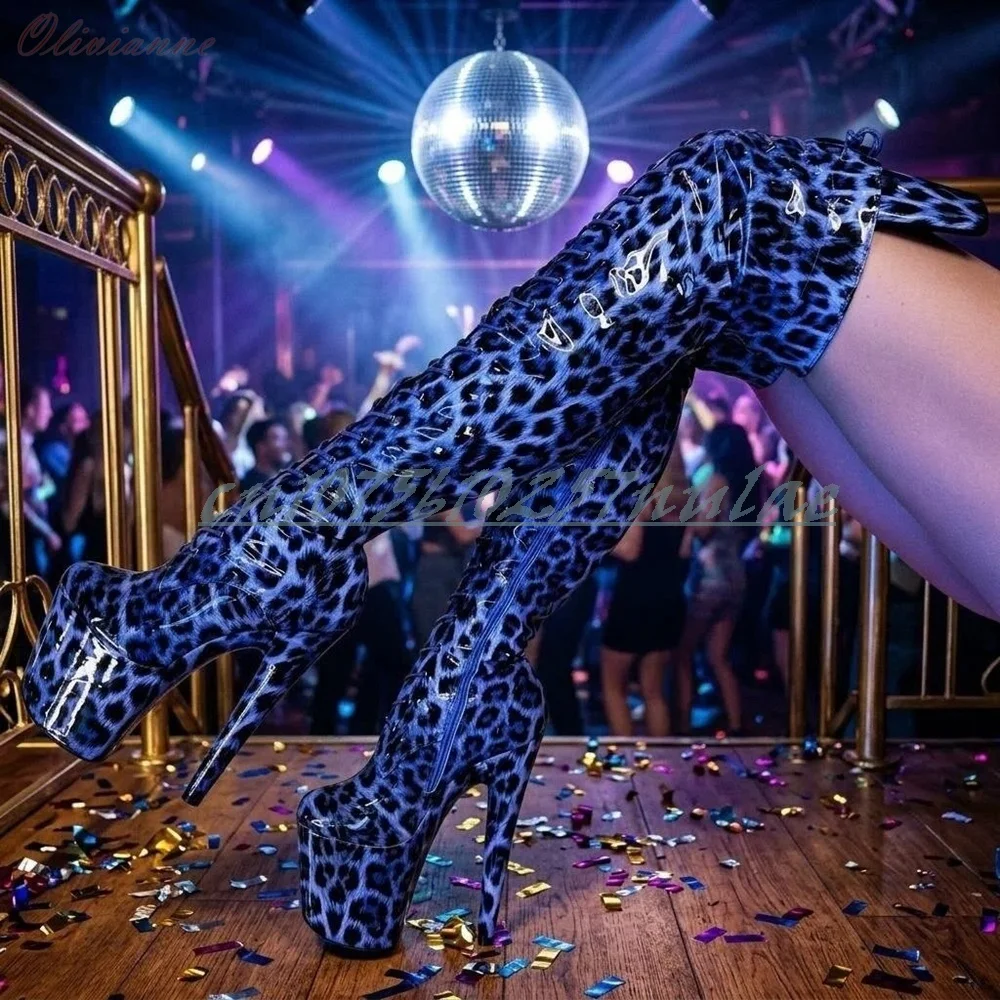 

Blue Leopard Print Front Lace-up Dance Boots Platform 20cm Stiletto High Heel Zipper Hot Girl Performance Stage Sexy Women Shoes