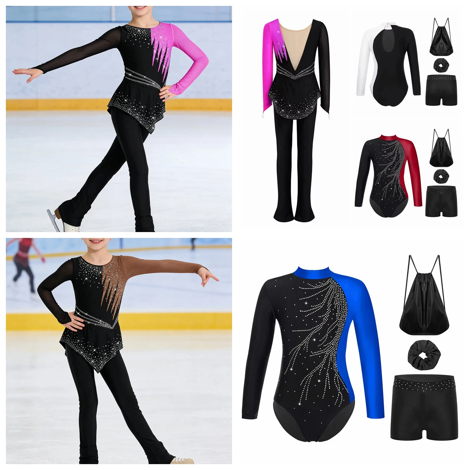 

Детский комбинезон для девочек для фигурного катания с цветными блоками, сетчатыми длинными рукавами, отверстиями для пальцев, блестящими стразами и асимметричным подолом-баской