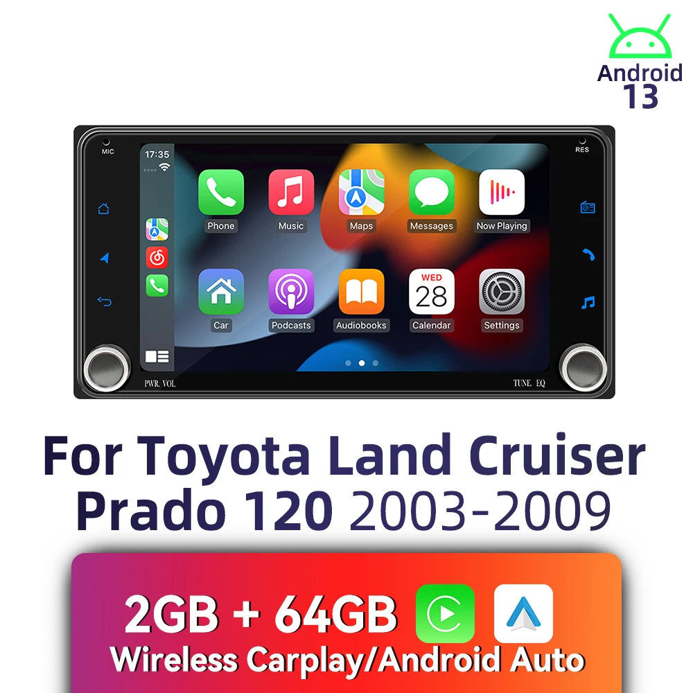 

Автомобильное радио с 7-дюймовым экраном, 2 Din Android для Toyota Land Cruiser Landcruiser Prado 120 2003-2009: головное устройство с GPS, беспроводной CarPlay
