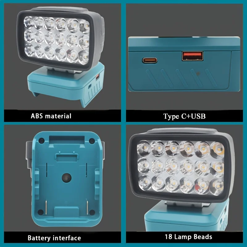 Portable LED Work Light for Makita 18V Battery-Job Site Lighting-15W 2000LM with USB & TypeC Charging and Low Voltage Protection