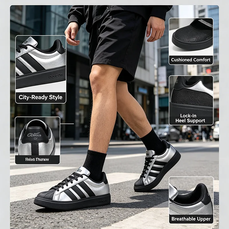 Adidas Metallic Silver Black Lifestyle Sneakers for Men Women Casual Low-Top Walking Shoes Shiny Comfortable Cushioned Trainers