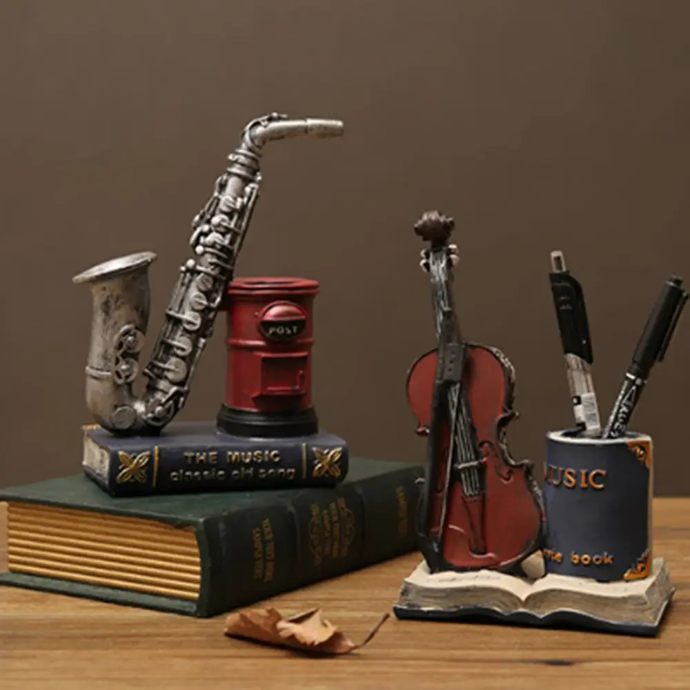 

Durable American Style Saxophone Ornaments Handicraft Decorative Violin Storage Holder Retro Resin Pen Holder Office