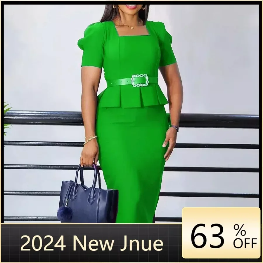 

2024 African Dresses for Women Elegant Short Sleeve Polyester Green Blue Black Party Evening Bodycon Dress Africa Clothing