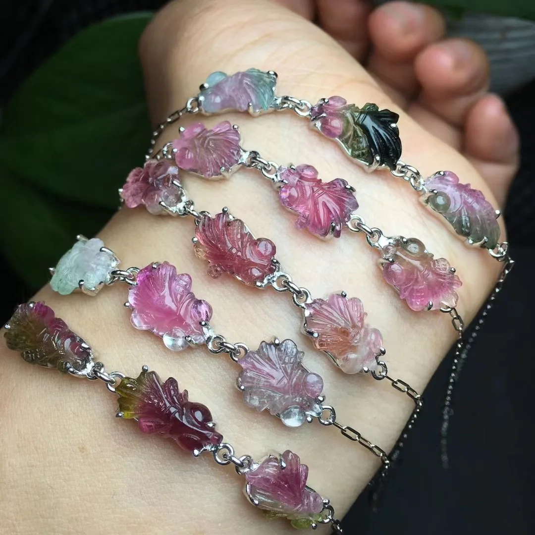 

1 Pc Fengbaowu Natural Stone Multicolored Gem Colorful Watermelon Tourmaline Goldfish Bracelet 925 Sterling Silver Jewelry Gift