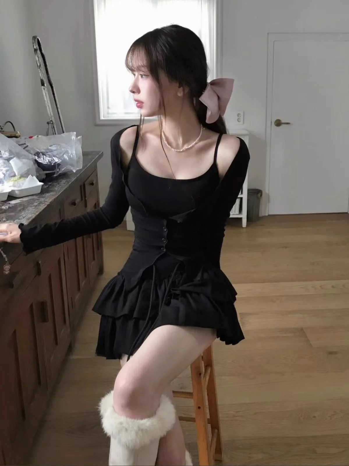 

Unique SEI Korean Sle Long Sve Wrap Cardigan Top Women's Faion Wooden Design Slimming Two-Piece Set Commute Sle