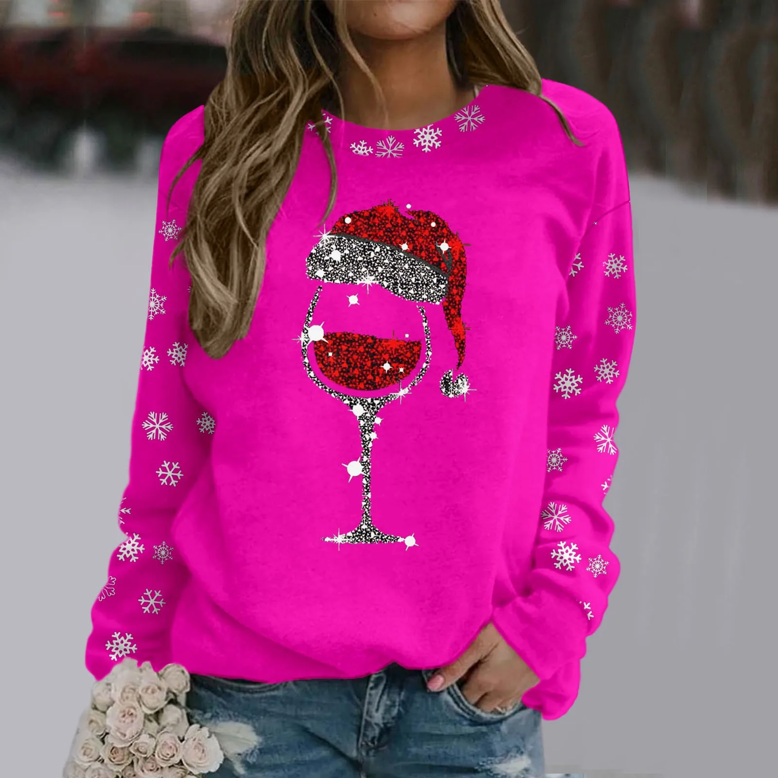 Weihnachts druck Rotwein Tasse T-Shirt Damenmode lässig Rundhals ausschnitt Langarm Pullover Pullover neue 2024 Femme Kleidung Tops