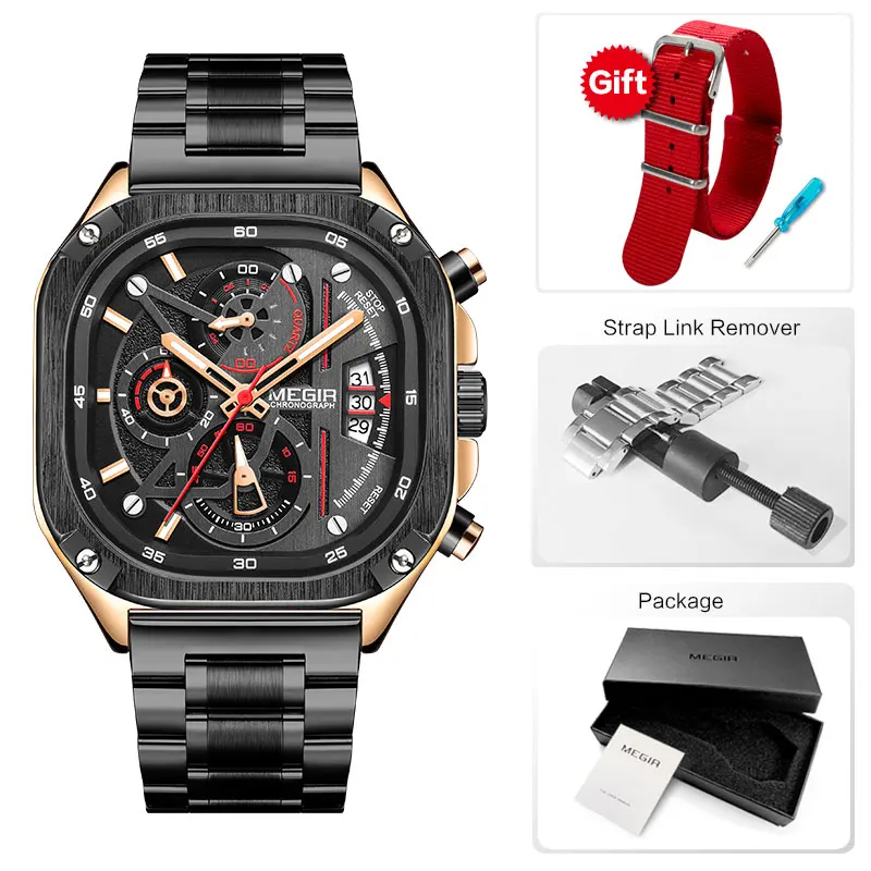 MEGIR Black Quartz Watch Men Waterproof Square Dial Wristwatch with Chronograph Stainless Steel Strap Luminous Hands Auto Date