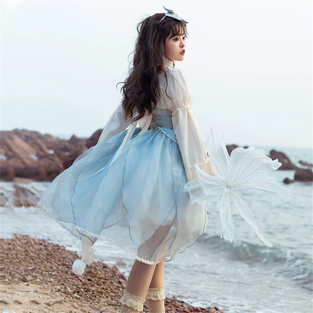 Sweet Girls Blue Bell Orchid manica a sbuffo a vita alta Lolita Dress Kawaii Woman Bowknot Lace Spring Cute Vestidos Cos Lolita Jsk