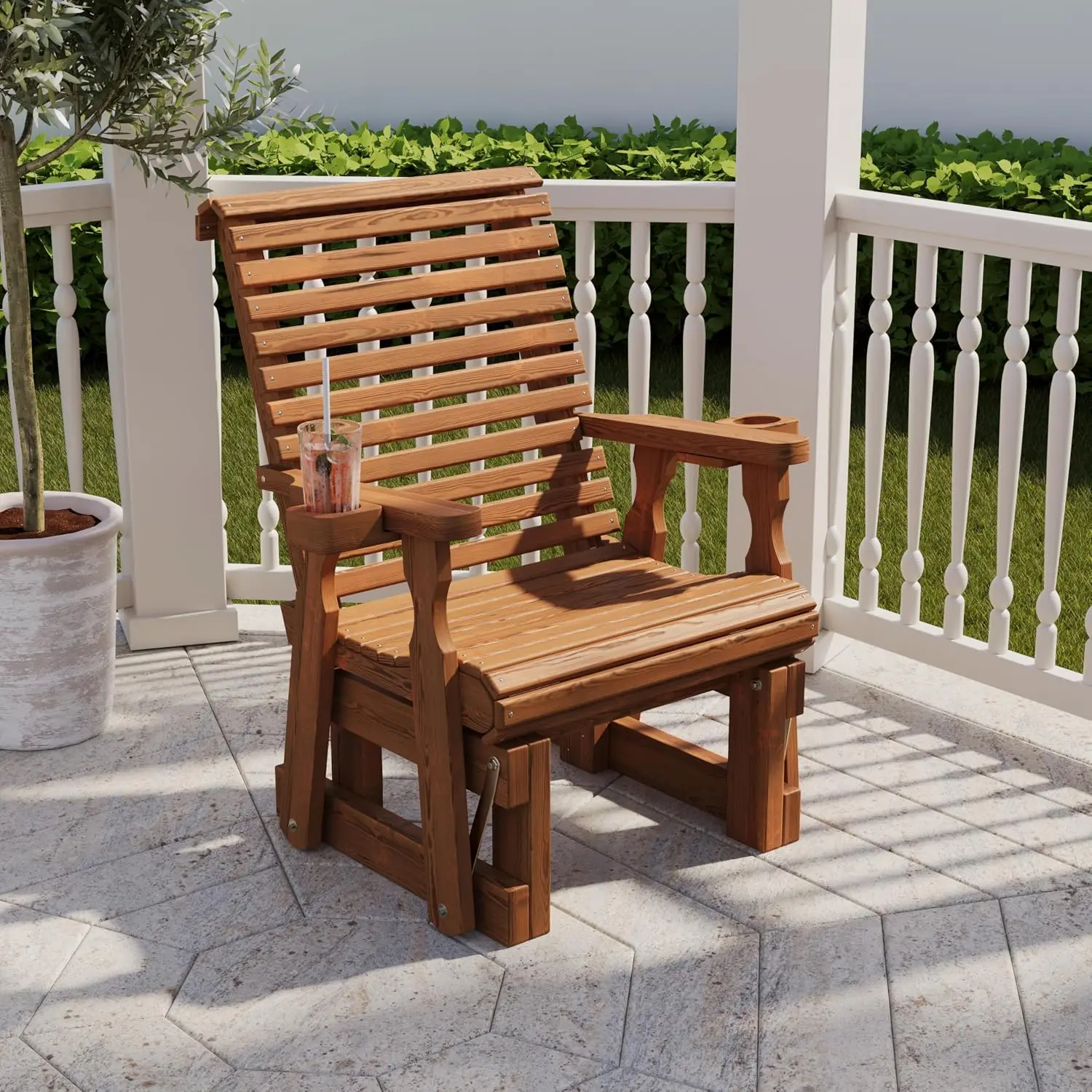 Heavy Duty 600 Lb Roll Back High Back Treated Glider Chair with Cupholders (Oak Stain), Customized