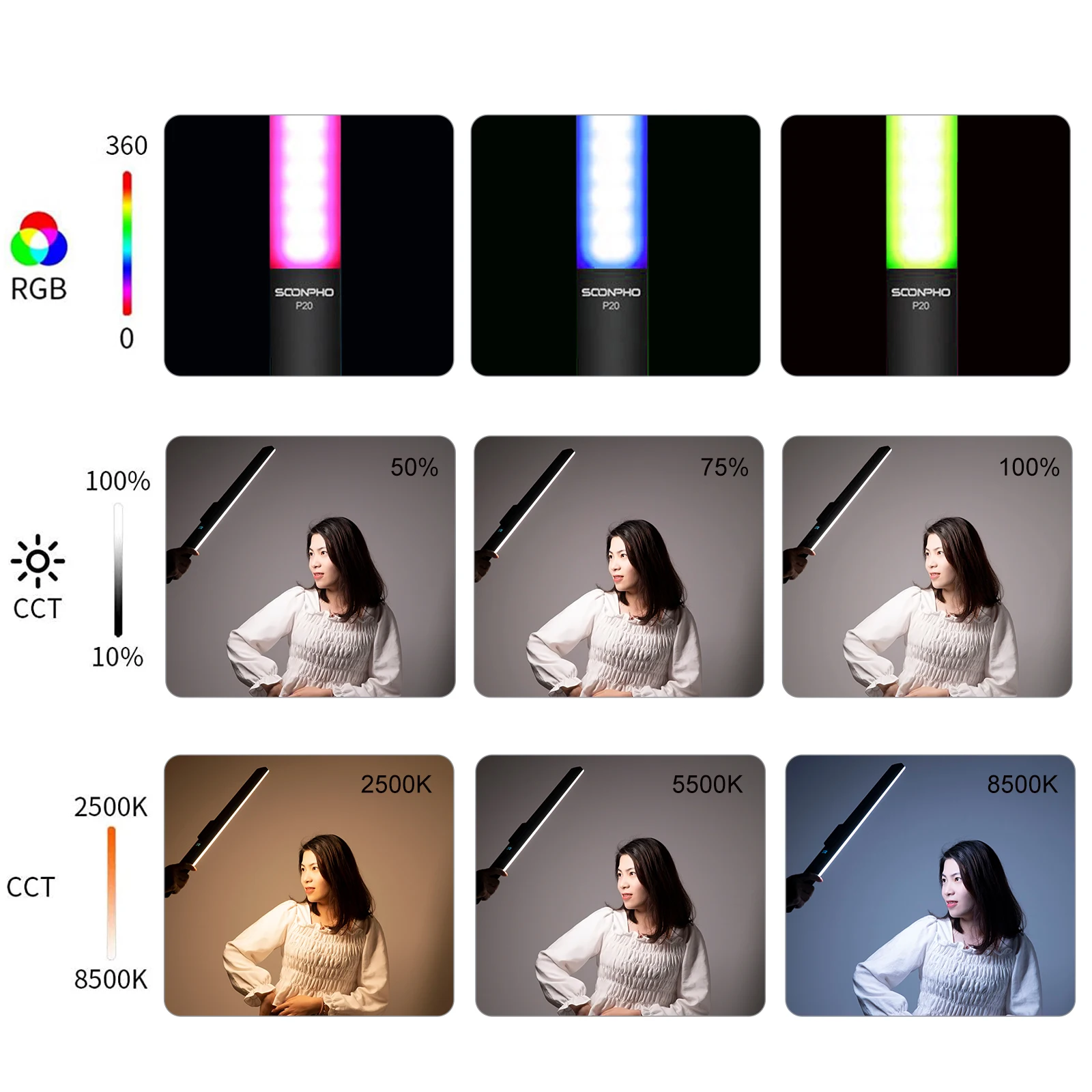 Soonphop20 handheld luzes led 2500k-8500k rgb cri95 + vara de gelo lâmpada led de vídeo de iluminação fotográfica em forma de haste para estúdio de