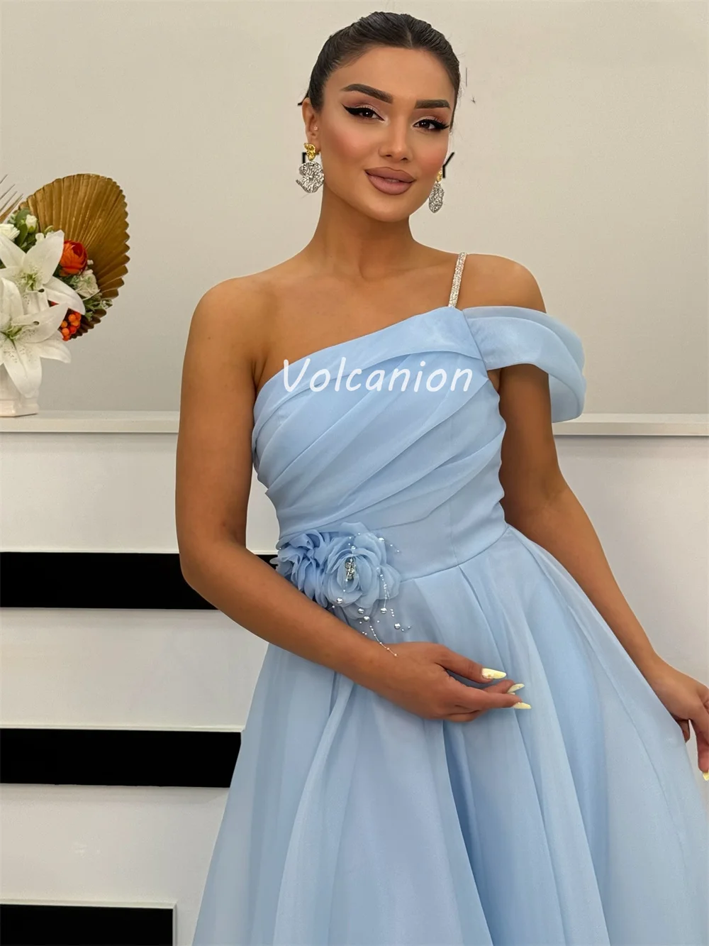 Customized Modern Style Sexy Organza Handmade Flower Rhinestone Ruched A-line One-shoulder Long Dresses Bespoke Occasion Dresses