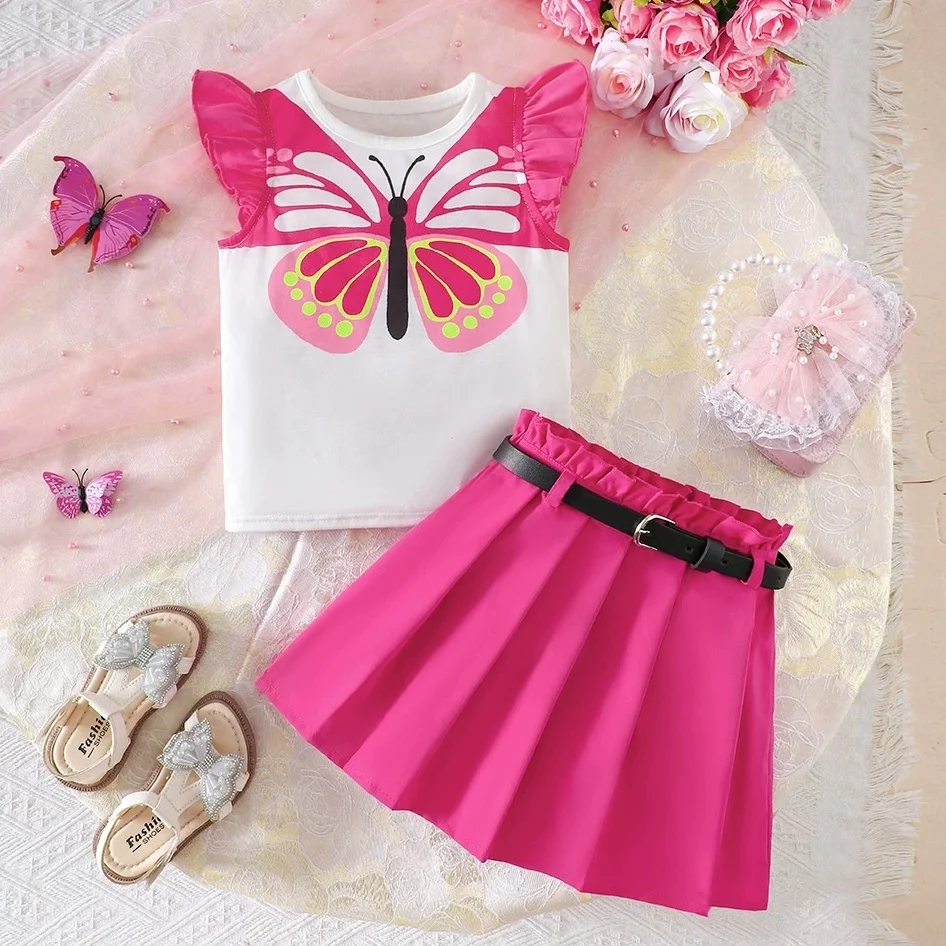 

2pcs ' Summer Girls Clothes Butterfly Print Top And Skirt With Belt Set Casual Korean Style for Daily Wear Kids Girls Outfits