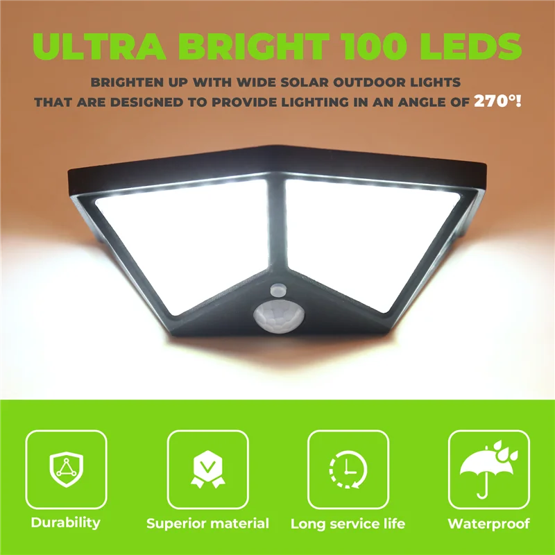A38I Outdoor 100 LED Solar Security Lights With 3 Modes Motion Sensor For 270° Wide Angle Illumination