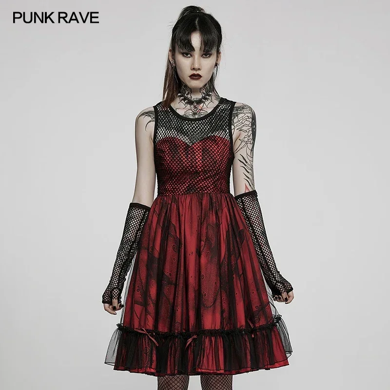 

PUNK RAVE Women's Dark Lolita Printed Mesh Spliced Dress with Gloves Party Club Small Bows Playful Ball Gown Dresses Summer