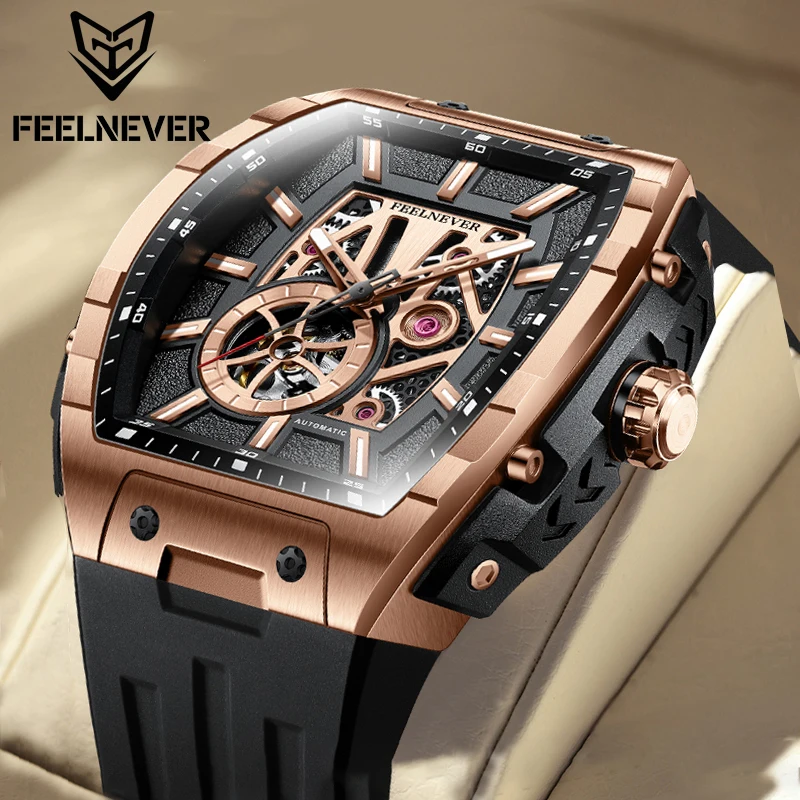 FeelNever Fashion Hollow Rectangular Automatic Mechanical Wristwatches Reloj Hombre Luxury Waterproof Luminous Men's Watches+Box