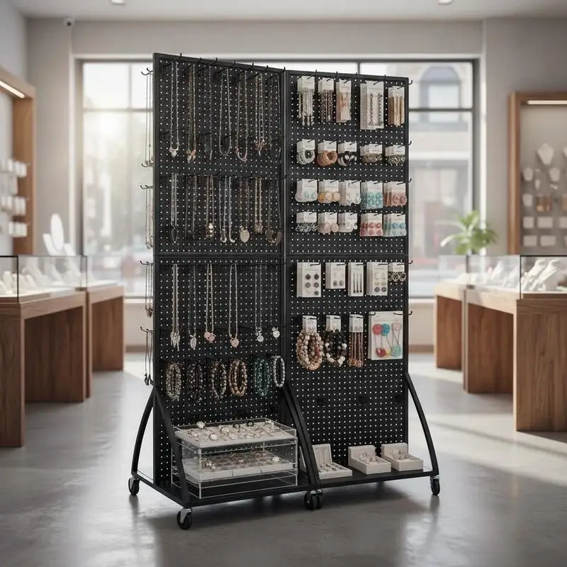 Mobil Sergi Rafı 23,7 x 66 inç Perakende Mağazası, Kuyumcu, El Sanatları Fuarı İçin, Soğuk Haddelenmiş Çelik Pegboard Panel, Tekerlekler, 30 Kancalı, Çift Taraflı Taban Plakası, Siyah