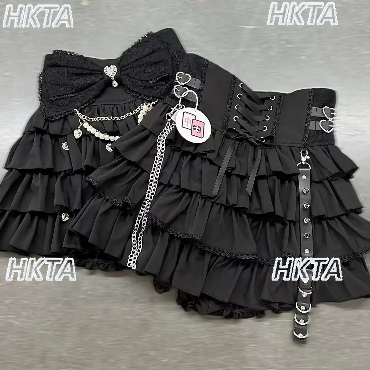 Japanese Mass Produced Dark High Waist Strap Chain Lace Cascade Cake Skirt Gothic Subculture Y2k Sweet Cool Black Skirts Women