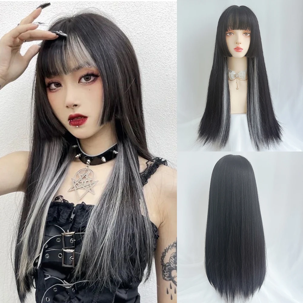 Peluca larga ondulada recta sintética Lolita Cosplay degradado Ombre Negro Azul blanco Peluca de cabello esponjoso Natural para fiesta diaria