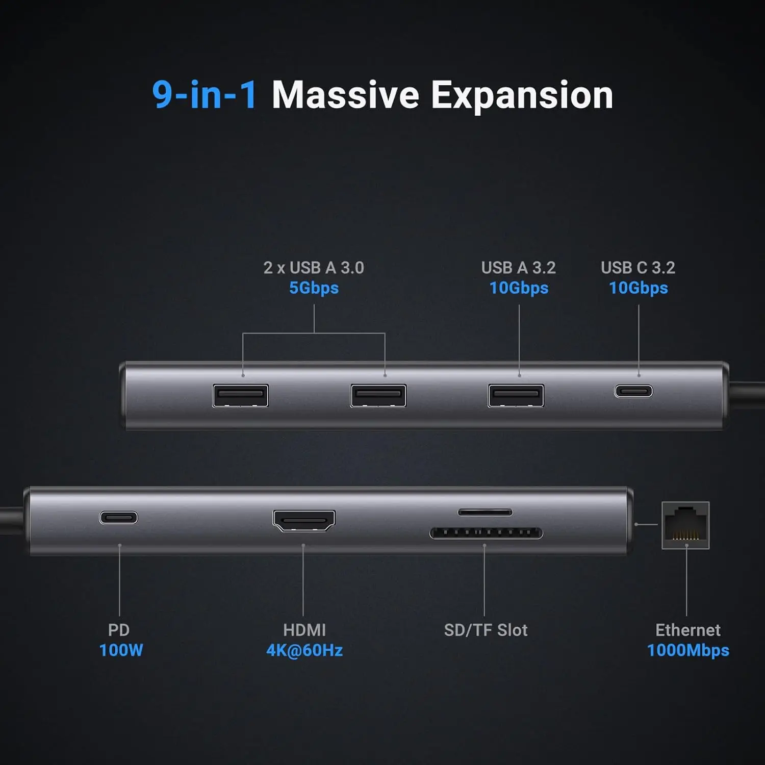 UGREEN Revodok Pro 109 Hub USB C 9 in 1 10 Gbps USB C 3.2 e USBA 3.2 4K-HDMI, alimentazione 100 W, lettore di schede SD/TF