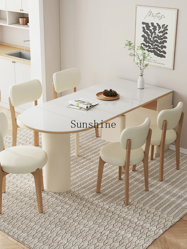 Retractable rock slab household small apartment solid wood cream style dining table and chair combination