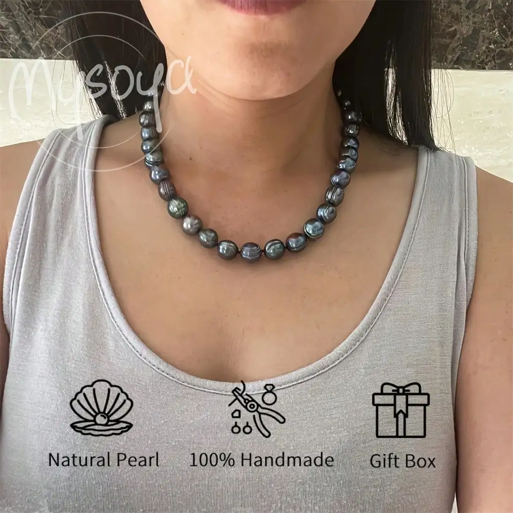 

MYSOYA Black Freshwater Pearl Necklace 7-8mm Beads Gift Box Gift for Her Wedding Jewelry Christmas Thanksgiving New Year Gift