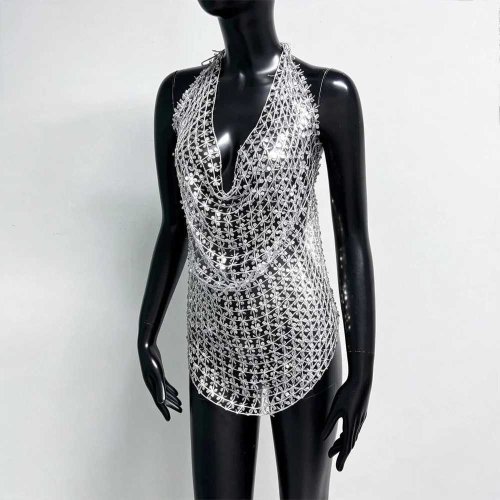 Damen Glänzendes Acryl-Pailletten-Top mit Ausschnitten, Sexy Tiefer V-Ausschnitt, Rückenfreies Neckholder-Oberteil, Durchsichtiges Strand-Party-Top – Detail 7