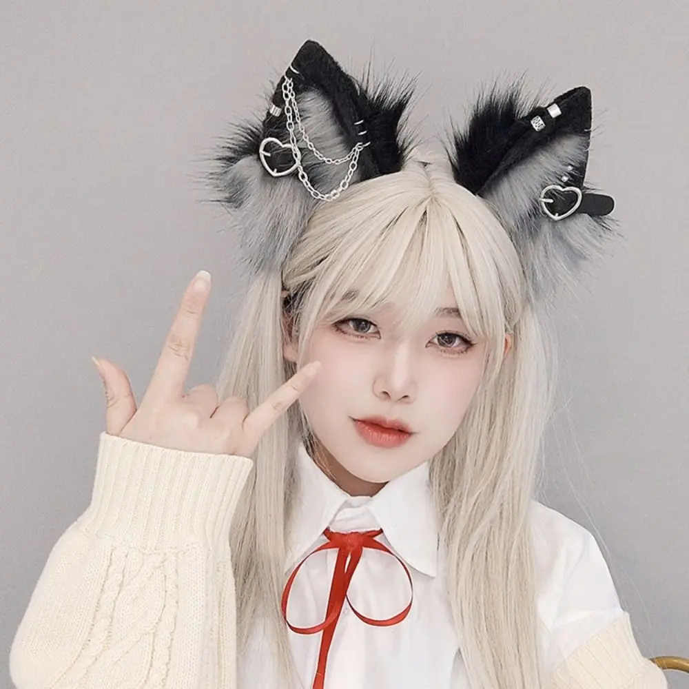 Hairpin Cat Ear Lolita Hair Band Belt with Love Pendant Plush Headband Headdress Hair Accessories Halloween Cosplay Costume