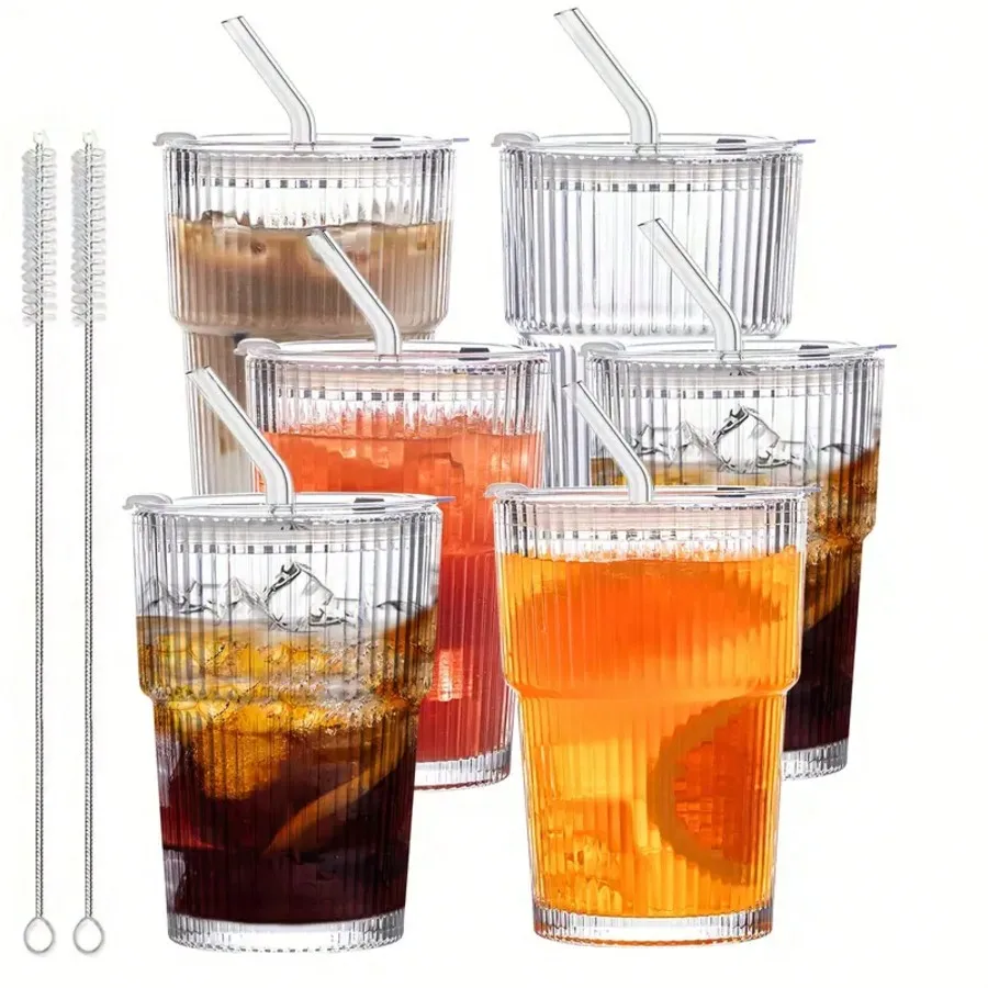 

6 Sets 12oz/350ml Ribbed Glass Cups - With Lids & Straws, Reusable for Coffee & Juice