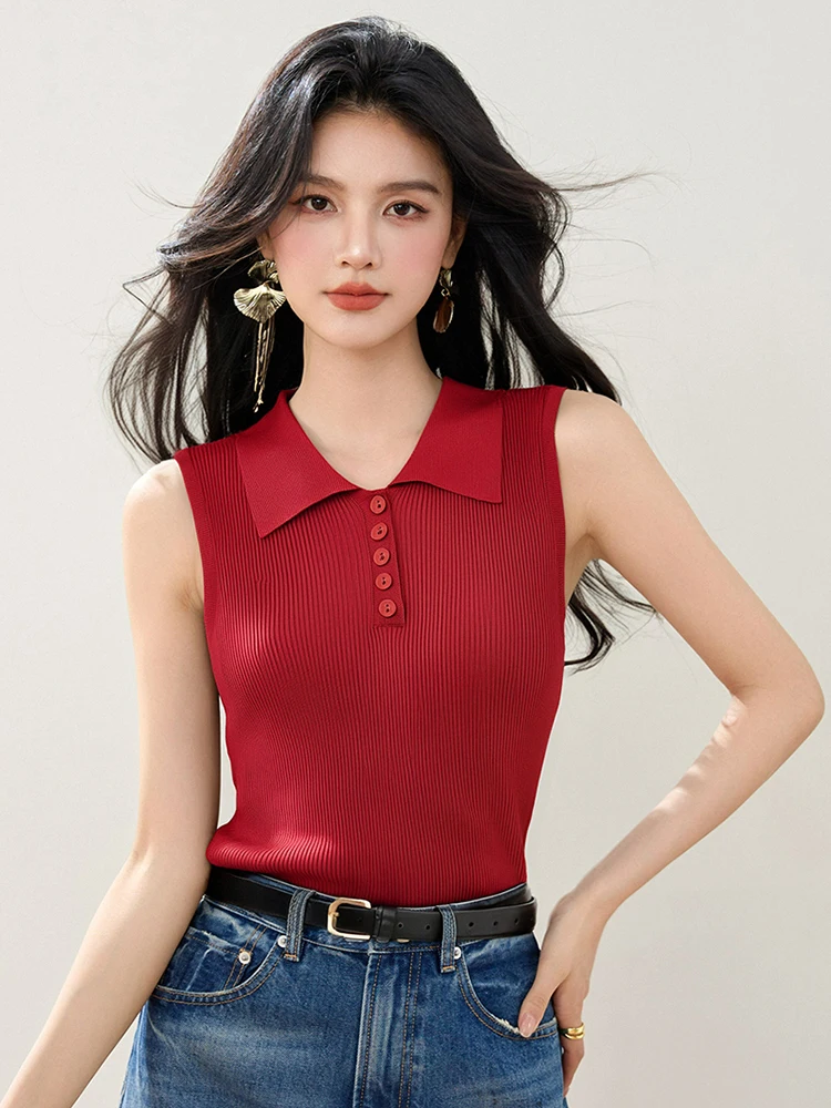 Lapel Collar Tank Top Women's 2025 Summer New Simple Temperament Vest Korean Fashion Chic Sleeveless Tops