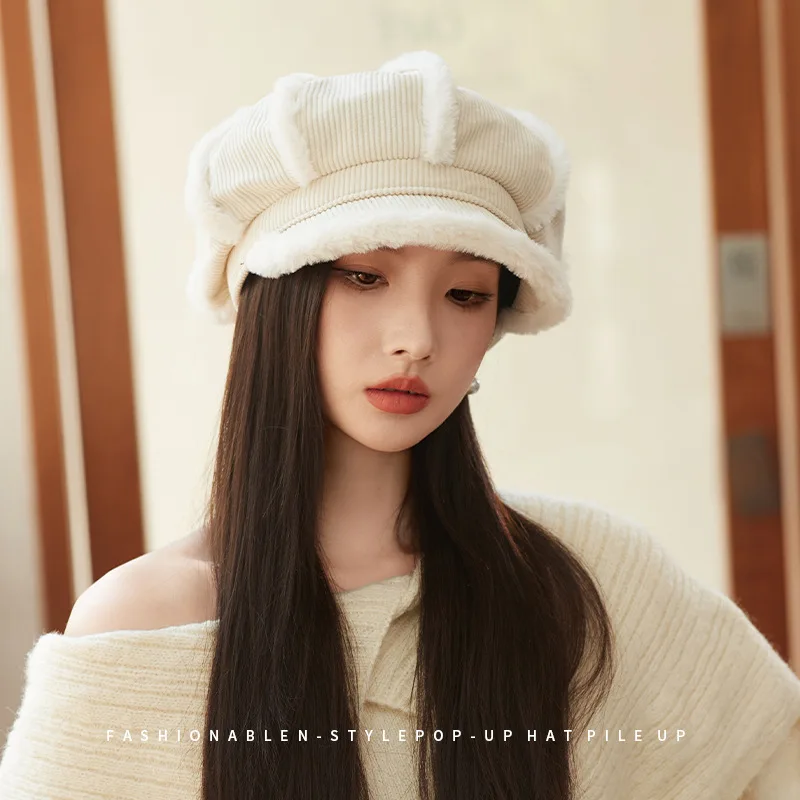 Women Autumn Winter Thick Fleece Bucket Hat, Korean Style Corduroy Ear‑Flap Hat, Fashion Versatile Newsboy Cabbie Cap with Brim 3