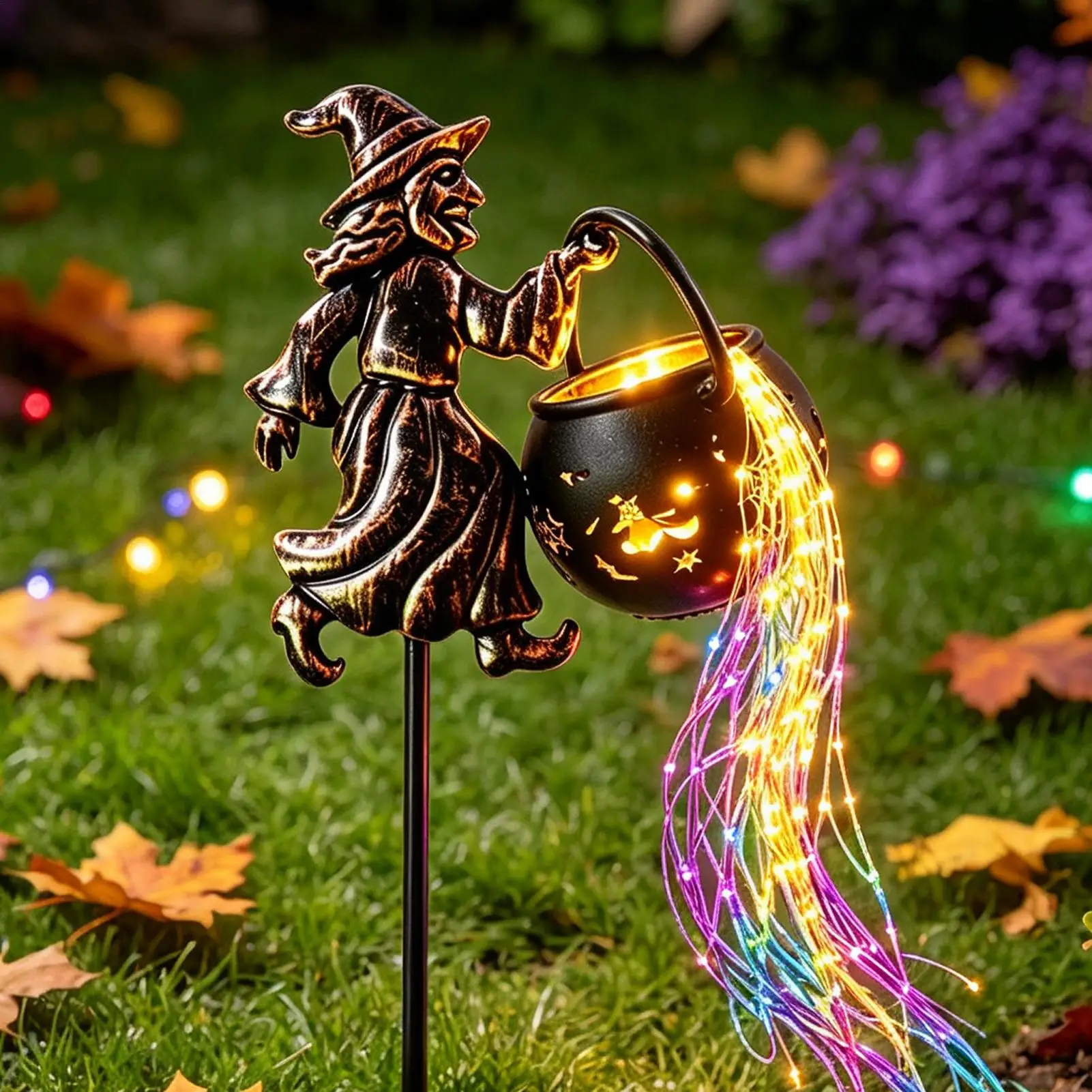 Flying Witch Cauldron Garden Light LED String Light Halloween Outdoor Decorations Whimsical Gnome Statue, Patio Yard Art