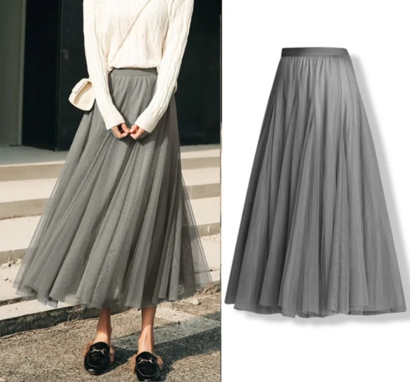 Hot Women Mesh Elastic Tutu Skirt Beach Spring Summer Korean High Waist Fashion Pleated Long Skirt Black White Tulle Skirts