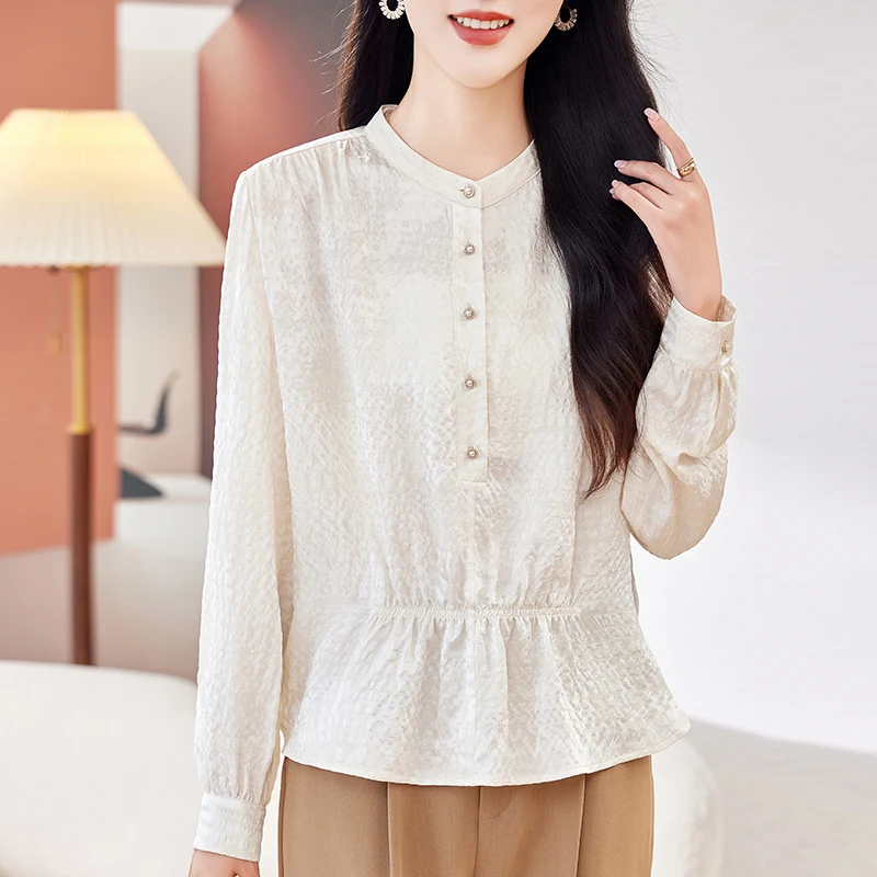 

100% Real Silk Jacquard Women's Vintage Shirt Long Sleeve Elegant Shirts & Blouses for Women Tops Office Lady Fashion Blouse