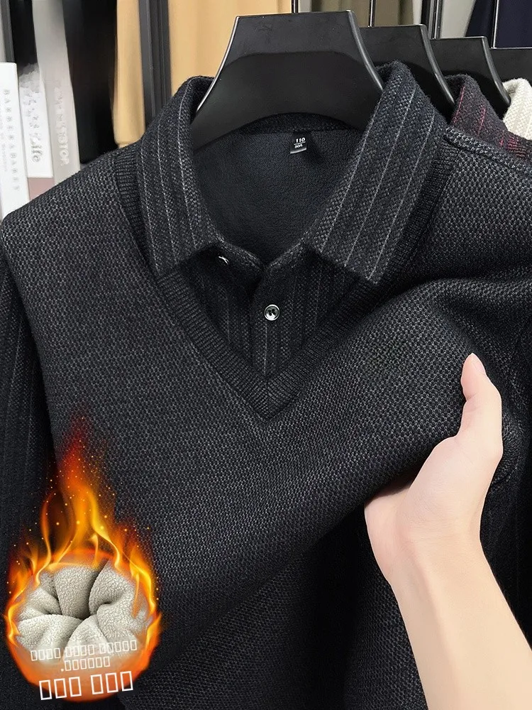 

Ln Men's Knitted Sweater Fce Lined Thiened irt Collar Fake Two-Piece Winter Faion Casual Inner Wear Top