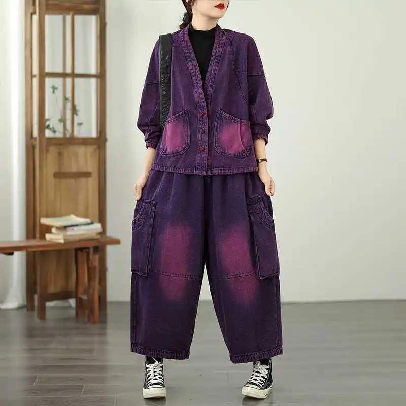 

2025 Autumn Newest Style Buttoned Denim Jacket + Jeans Two Piece Set Loose Fashion Personality Matching Pant Sets костюм