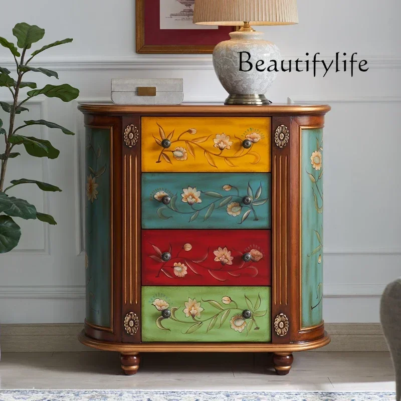X American-Style Solid Wood Hallway Cabinet Vintage Semicircle Decorative Cabinet Painted Living Room Four Buckets Wall Cabinet