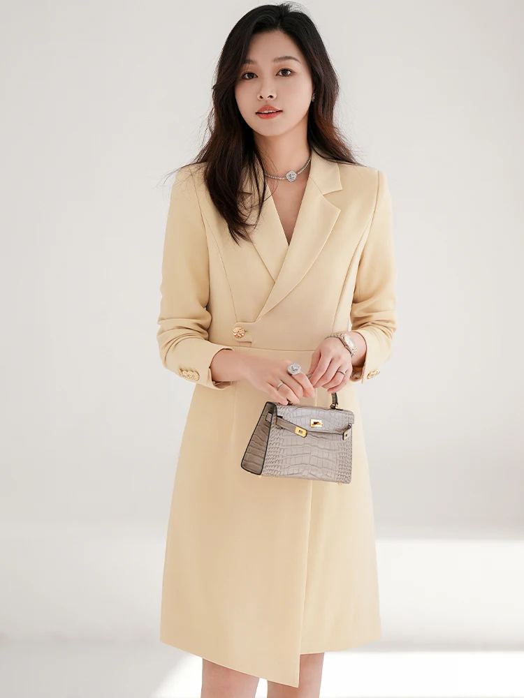 

Желтый длиннорукавный профессиональный костюм Dr Jiang Feifei, весенне-осенний, с завышенной талией, для ведущих, простой, для повседневной носки