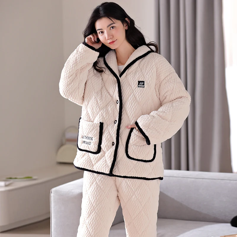 High Quality Three-layer Clip Cotton Pajamas Women Flannel Quilted Sleepwear Female Warm Pijamas Mujer