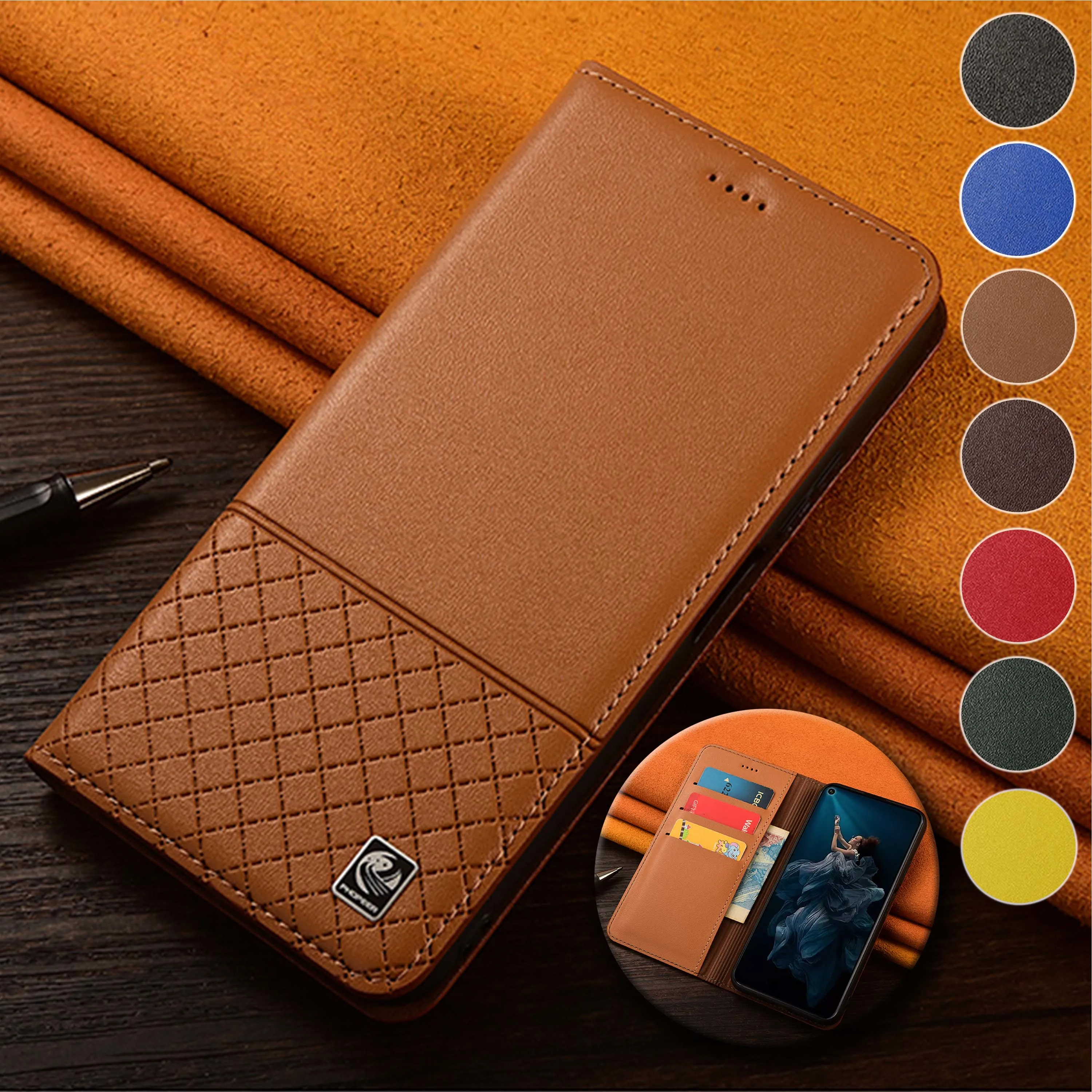 

For OPPO Reno 2 3 4 5 6 7 7Z SE Pro Plus 4G 5G Napa Below Grid Pattern Of Genuine Leather Wallet Flip Phone Cover Case Cowhide