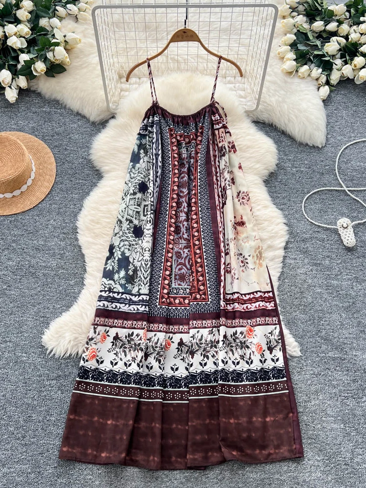 보헤미안 휴가 스타일 꽃 프린트 스트랩 드레스 여성 느슨한 고기 커버 레트로 디자인 우아한 미디 스커트 여름 드레스