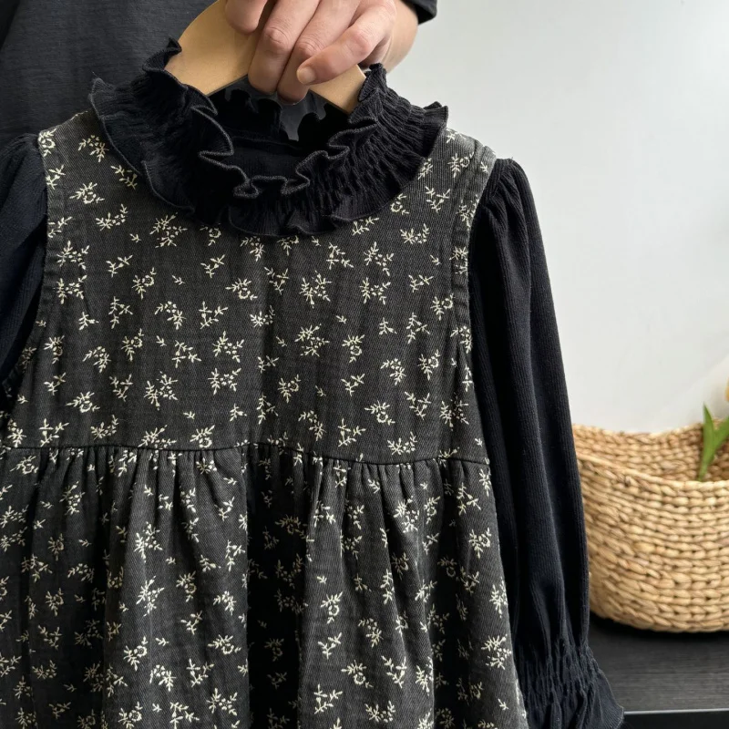 

2025Autumn New Girls' Outfit Dress Stylish Retro Sweet Floral Plaid Round Neck Patchwork Tank Dress