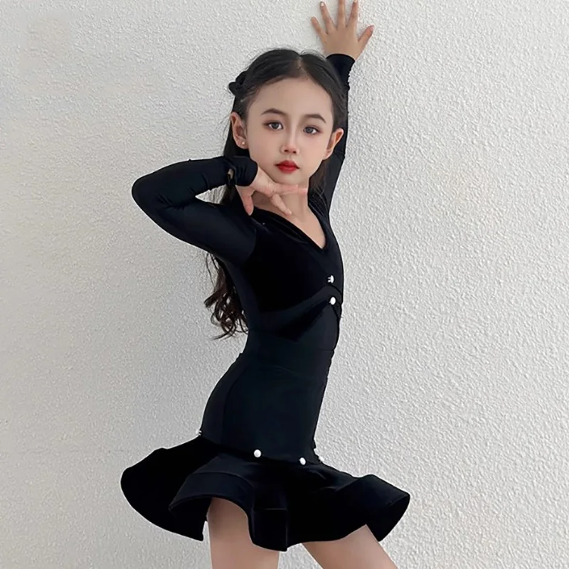 

Adult Women Black Velvet Latin Dance Bodysuit and Fishbone Skirts Professional National Standard Social Rumba Dancewear Costumes